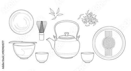 Traditional Tea Ceremony Utensils Outline Art for Culinary and Beverage Concepts