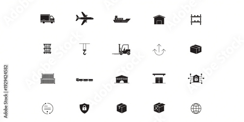 Collection of logistic and delivery icons representing transportation, storage, and shipping services for business and commerce