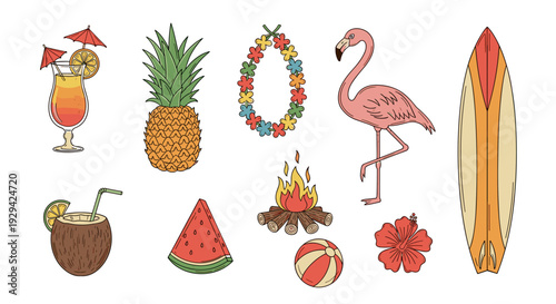 Summer Beach Vacation Travel Set with Tropical Items and Holiday Elements