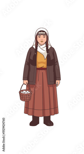 Woman holding basket of eggs wearing traditional clothing  