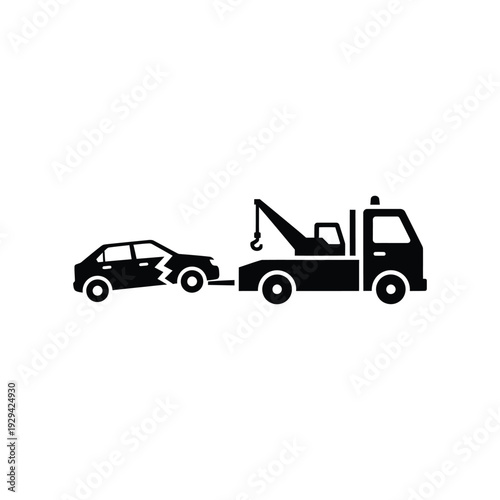 Tow truck vector glyph icon. emergency service vehicle pulling damaged car. roadside assistance and breakdown recovery