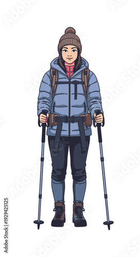 Young woman hiking with trekking poles in winter outfit  