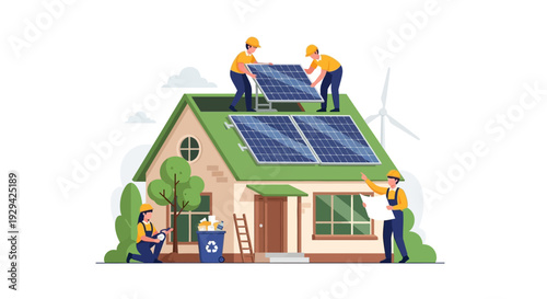 Sustainable Living: Workers Installing Solar Panels on Eco-Friendly House with Wind Turbine