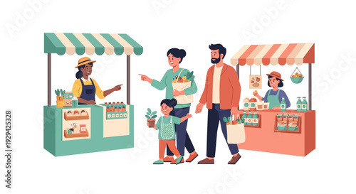 Wholesome Family Shopping at Farmer's Market with Fresh Produce & Sustainable Choices - Flat Illustration