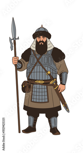 Animated warrior holding spear in historical armor and clothing  