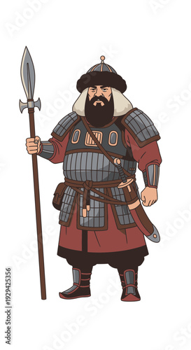 Cartoon warrior character holding spear in traditional armor  