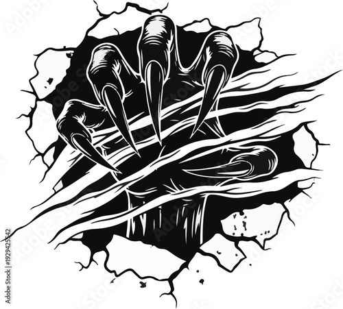 A black and white illustration of a hand emerging from a cracked surface