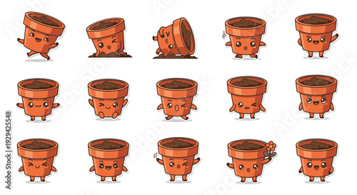 Cute animated flower pots with various expressions and actions  
