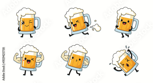 Animated beer mugs with facial expressions and actions  