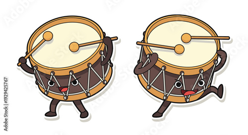 Playful cartoon drums dancing and playing with drumsticks  