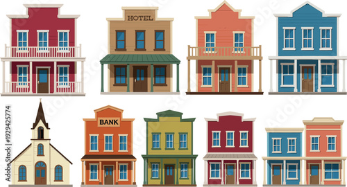 Collection of ten stylized Western town buildings including hotel, bank, church, saloon, and colorful two-story structures, vintage architecture illustration for historical design and entertainment