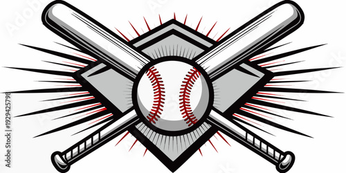 Two baseball bats crossed behind a baseball within a shield graphic