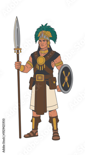 Cartoon warrior holding spear and shield in ancient armor  