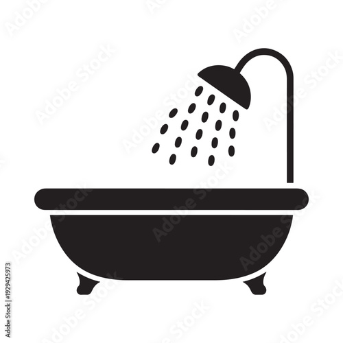 Simple black and white icon depicting a bathtub with a showerhead above