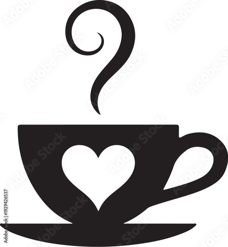 Black silhouette teacup with heart cutout and steam