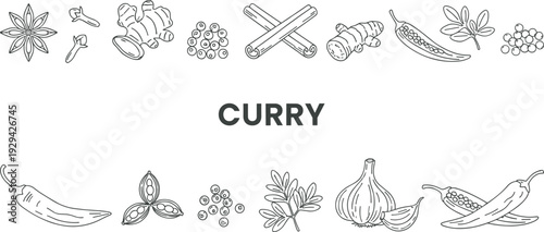 Black and white stylized illustration of curry spices including star anise, cloves, ginger, peppercorns, cinnamon, turmeric, chili, garlic, and cardamom, labeled curry for culinary educational use