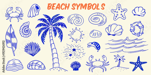 Colorful hand drawn illustrations of various beach elements and marine life