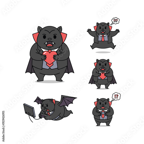 Cartoon vampire bat character in various poses with speech bubbles on white background