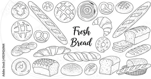 Fresh Bread Collection, Detailed Line Art of Loaves, Baguettes, Croissants, and More