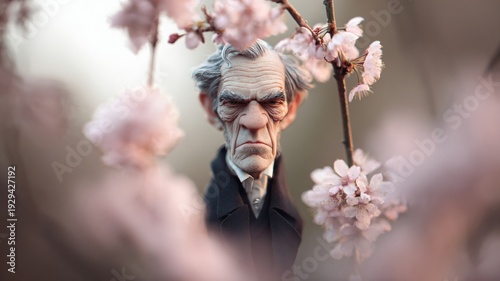 Die Darstellung eines alten Mannes als Karikatur, der durch rosafarbene Blüten schaut.