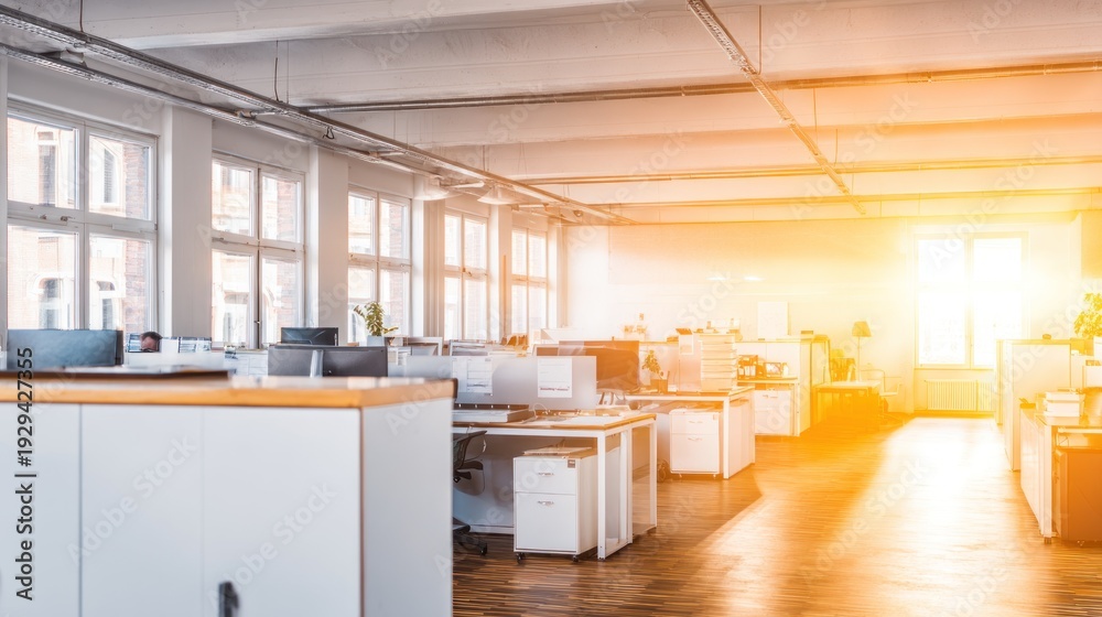 Fototapeta premium Modern office interior with desks and windows in bright sunlight