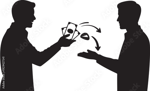 Two men exchanging money silhouettes exchange transaction