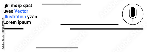 Audio recording, sound editing, transcription, media production, podcasting, communication. Minimalist layout with microphone icon and lorem ipsum text. Audio recording and sound editing concept