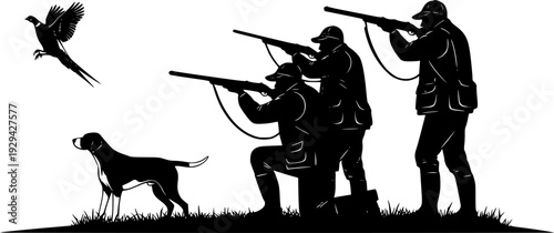 Hunters with dog aiming with rifle on pheasant. Outdoor hunting scene. Vector silhouette hunting isolated on white background