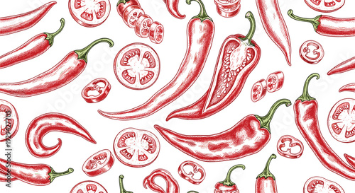 Spicy Chili Peppers and Fresh Sliced Tomatoes Pattern, Vibrant Food Illustration