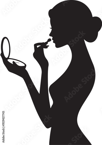Woman applying lipstick in front of a mirror silhouette