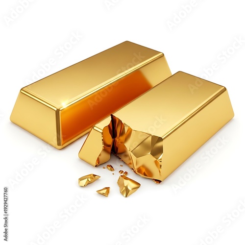 A broken gold bar with fragments scattered around it, next to an intact gold bar.