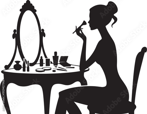 Woman applying lipstick in front of dressing table