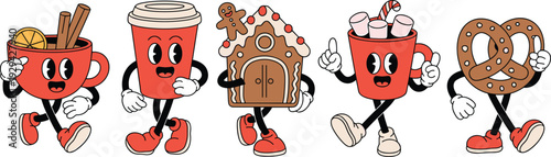 Cute Christmas drink characters illustration, cartoon hot cocoa cups gingerbread house pretzel winter holiday mascot set isolated background