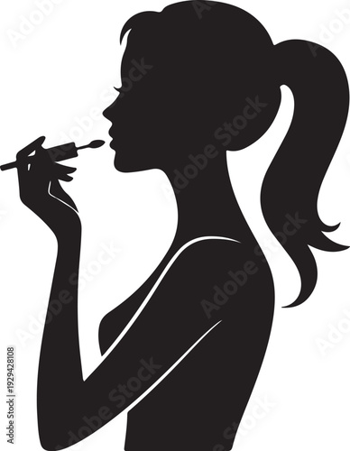 Woman applying lipstick silhouette black white