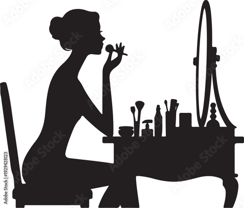 Woman applying makeup at vanity with mirror and cosmetics