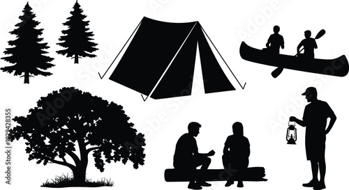 Camping silhouettes illustration set, outdoor lifestyle vector artwork, canoe paddling design graphics, tent icons collection, lantern nature symbol