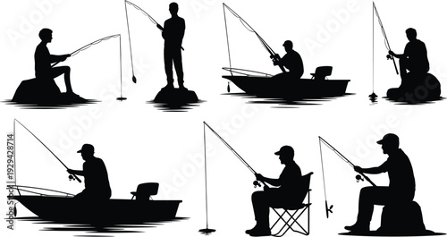 Fishing silhouettes illustration set, leisure sport vector artwork, outdoor lifestyle design graphics, angling icons collection, recreational nature symbol