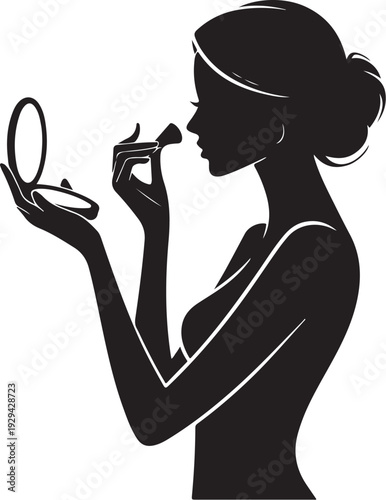 Woman applying makeup with compact mirror silhouette