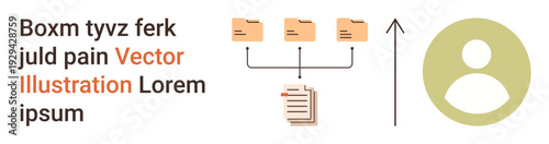 Data management, digital storage, user access, organization, file systems, document sharing. Folders, files and user icon displayed in a hierarchical structure. Data management and digital storage
