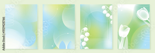 Spring and summer pastel floral vector background set with soft gradients, fresh greenery, and delicate flowers. Gentle fresh design for poster, invitation, web banner, packaging, and stationery.