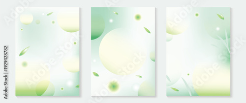 Spring and summer mint bokeh vector background set with floating circles, soft gradients, and tiny leaves. Airy fresh design for web banner, poster, wallpaper, packaging, and presentation.