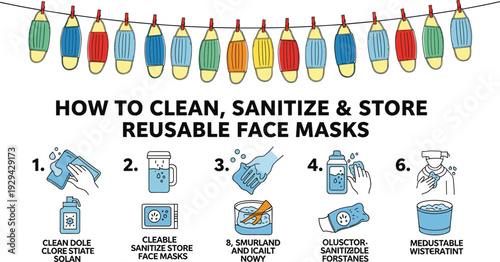 How to Clean Sanitize and Store Reusable Face Masks Step by Step Safety Guide Vector Illustration Poster