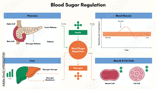 A diagram explaining how the pancreas liver and muscle cells work together to regulate blood sugar levels