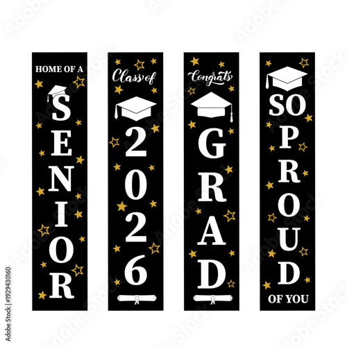 Graduation vertical signs. Graduates class of 2026.  Grad party decorations.  Vector template.