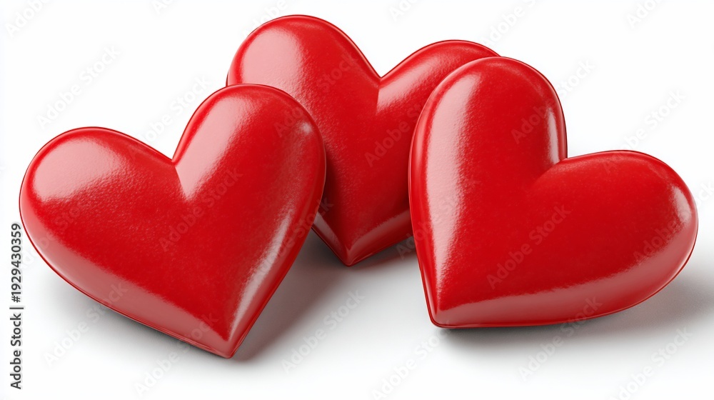 Fototapeta premium Three vibrant, glossy red hearts on a white background, suggesting romance and affection