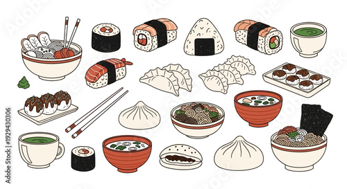 Vibrant Assortment: Delicious Culinary Illustration of Asian Noodles and Sushi