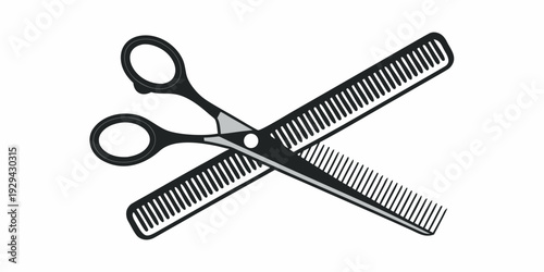 Black and white illustration of barber scissors and a hair comb crossed