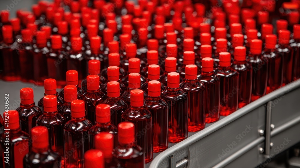 Fototapeta premium Bottles filled with red liquid on a production line in industrial setting