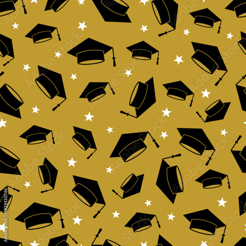 Graduation caps seamless pattern. Academic hats thrown up. Grad ceremony backdrop. Vector template for fabric, textile, wallpaper, wrapping paper, scrapbooking, etc.