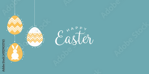 A cheerful easter greeting card with eggs bunny and festive text